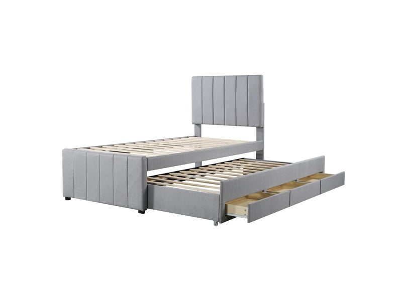 Lit gigogne 90x200 cm 2 en 1 avec 3 tiroirs, lin, gris, sans matelas - Conforama R