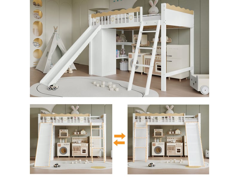  Lit mezzanine 90x200, sécurité renforcée lit mezzanine enfant, toboggan intégré, rangements intégrés, structure bois massif  - Conforama E