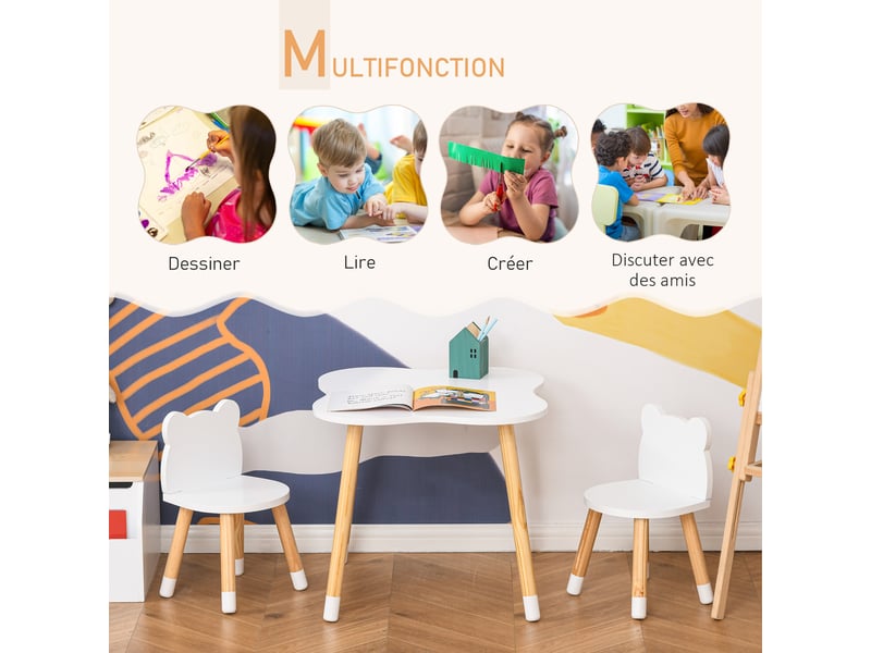  Ensemble table et chaises enfant design scandinave motif ourson bois pin blanc mdf  - Conforama A