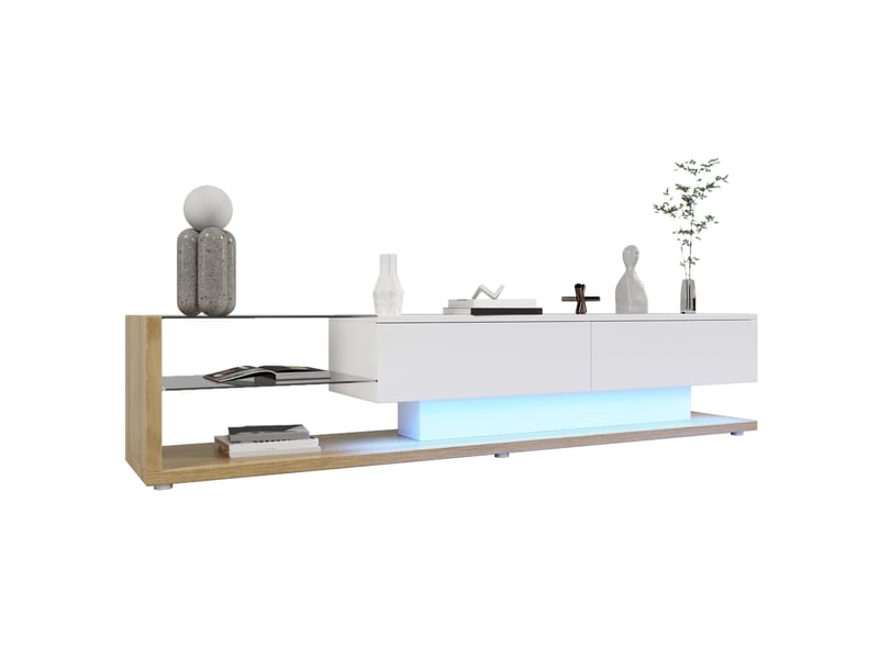 Meuble tv modenvie blanc brillant décor bois 170 x 36 x 38 cm avec led et 2 tiroirs  - Conforama A