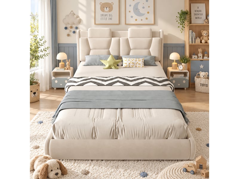 Lit rembourré pour enfants 140x200cm - lit en forme de voiture de course - hauteur de tête de lit réglable - avec éclairage led - tissu velours - beige (sans matelas)  - Conforama D