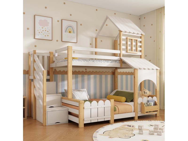 Lit superposé cabane 90x200 140x200 cm avec escalier de rangement bois blanc sans matelas - Conforama B