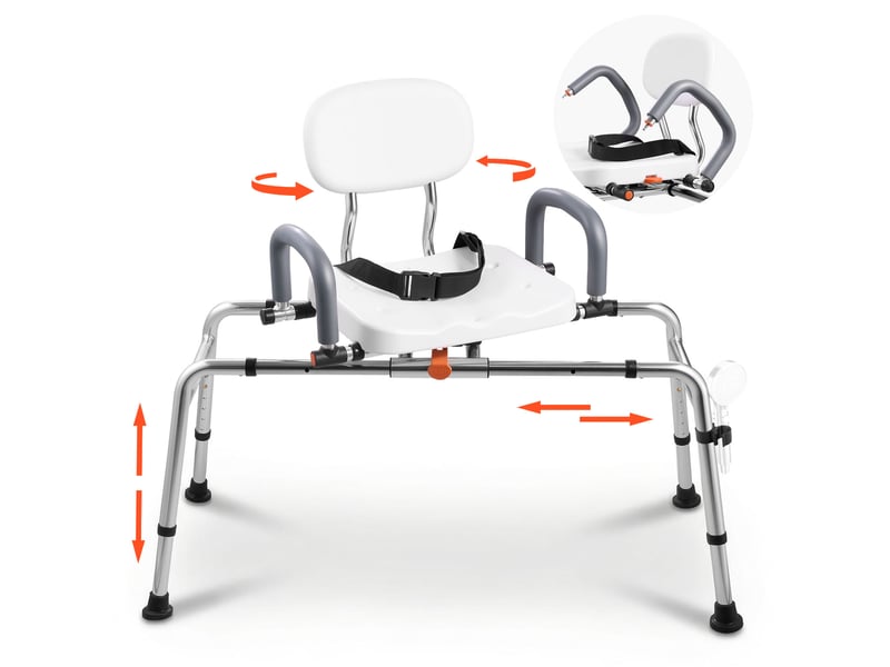  Vevor chaise de baignoire coulissante, siege de transfert pour baignoire pivotant, capacite 180 kg, accoudoirs et dossier, pour adultes, personnes âgees et handicapes, hauteur et largeur reglables  - Conforama A