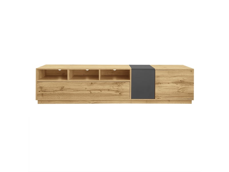  Meuble tv 200 cm, banc tv design moderne pour salon avec passe-câbles, structure en bois d'ingénierie de avec 3 niches et 3 portes, noir, naturel  - Conforama D