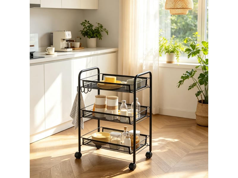  Chariot de rangement 3 niveaux en acier noir, desserte de cuisine à roulettes avec paniers en maille métallique, 45x26.5x63 cm  - Conforama C