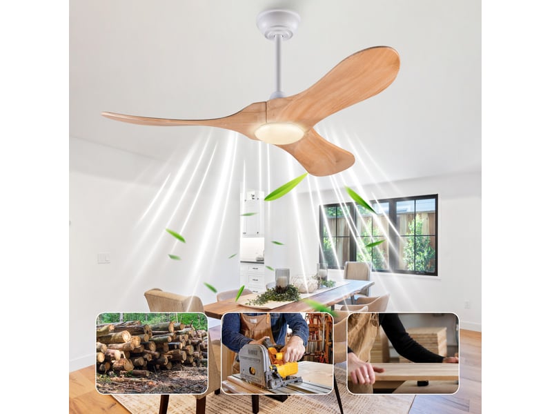  Ventilateur de plafond 42 pouces avec éclairage led et télécommande, 3 pales en bois clair, 6 vitesses  - Conforama E