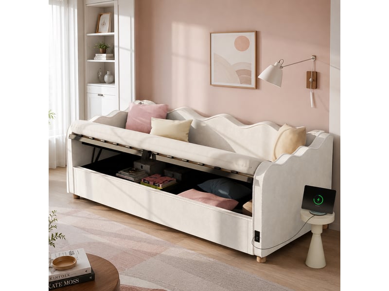  Lit coffre 90x200 lit banquette velours beige avec sommier et port usb  - Conforama R