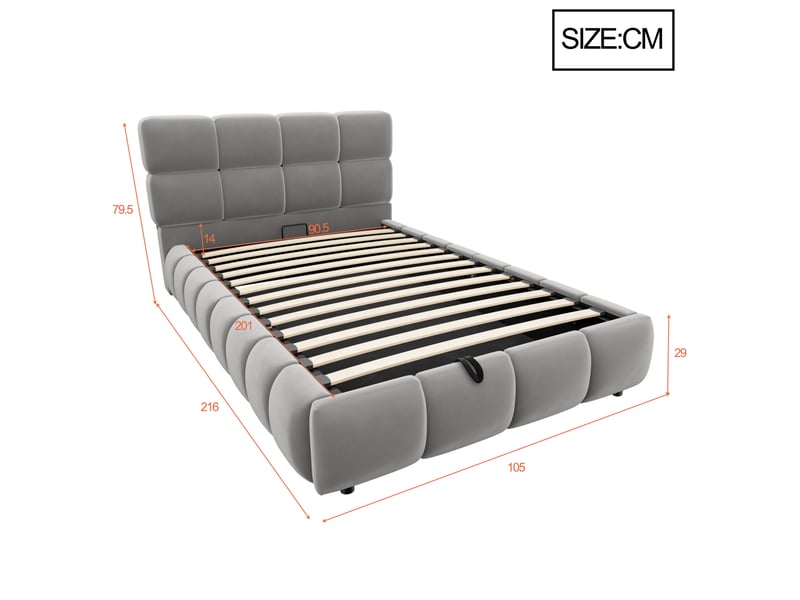  Lit coffre, 90x200 cm, avec bande led, structure de rangement hydraulique, matelas non inclus, velours, coloris gris  - Conforama C