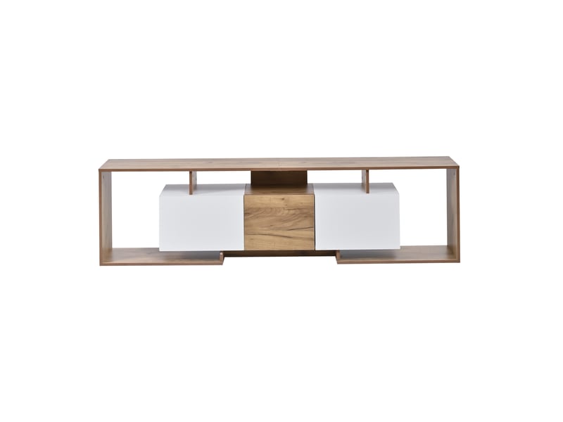 Meuble tv bas 180x30x49 cm, 2 portes abattantes, 1 porte battante, 3 niches ouvertes, design bicolore bois et blanc, rangement salon tv 85 pouces  - Conforama A