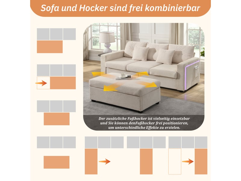 Canapé-lit, 184 × 84,5 × 85,5 cm, beige, velours côtelé, 3 places, forme l, modules reconfigurables, pour salon et appartement - Conforama D