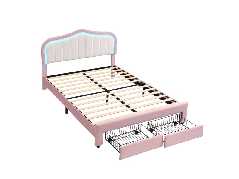  Lit enfant rembourré 140x200 cm rose avec 2 tiroirs, dossier blanc et led app  - Conforama D