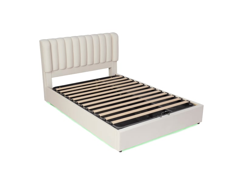  Lit coffre 140x200 cm, lit double, rangement hydraulique, 3 tiroirs, velours beige, led  - Conforama B