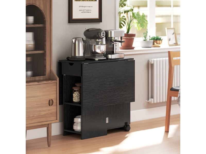 Table à manger pliable extensible 4 personnes - 2 abattants, 2 étagères, tiroir, roulettes - aspect bois noir - Conforama E