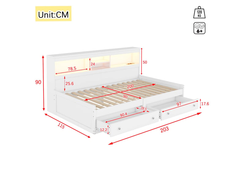  Lit de jour 90 x 200 cm avec 2 tiroirs, led, usb, prises et sommier à lattes blanc  - Conforama C