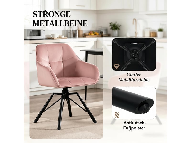  Chaise de salle à manger pivotante 360° lot de 2 avec accoudoirs  - velours rose - 58,5 × 82,5 × 54,5 cm  - Conforama E
