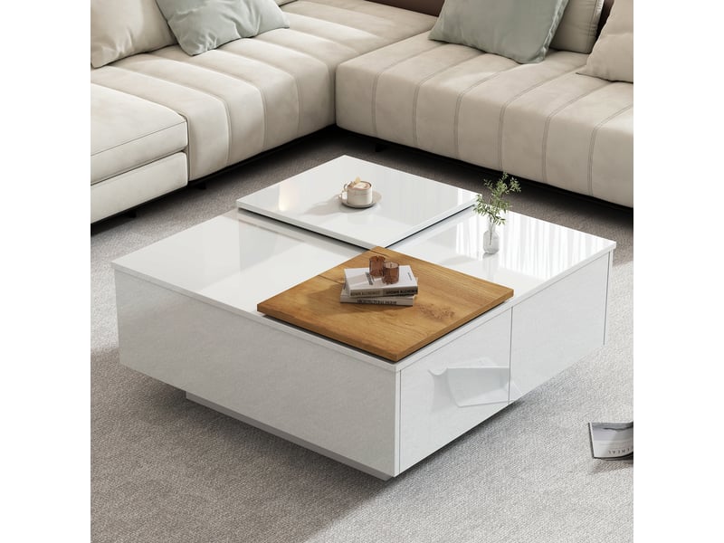  Table basse carrée blanc brillant avec plateau coulissant et 4 tiroirs cachés, 75x75x33.5cm  - Conforama C