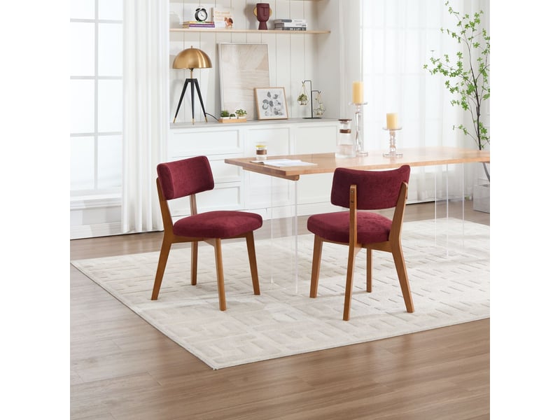 Chaise repas assise rembourrée en tissu pieds en bois massif style mid-century moderne tissu lin bordeaux  - Conforama B