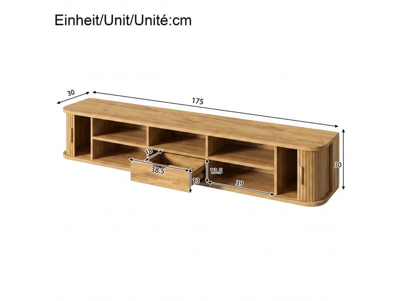  Meuble tv mural led avec 2 portes coulissantes, tiroir et étagères réglables, pour salon, naturel, 175 × 30 × 30 cm  - Conforama D