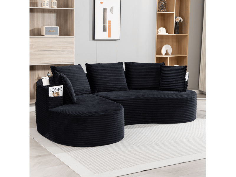 Canapé 3 places incurvé en velours côtelé noir avec porte-gobelets et poches latérales - Conforama D