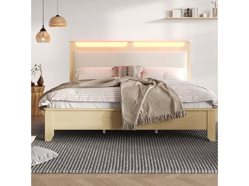  Lit double 140 × 200 cm, tête de lit led avec rangements, chêne clair IKSETERA TRADING LTD - Conforama D