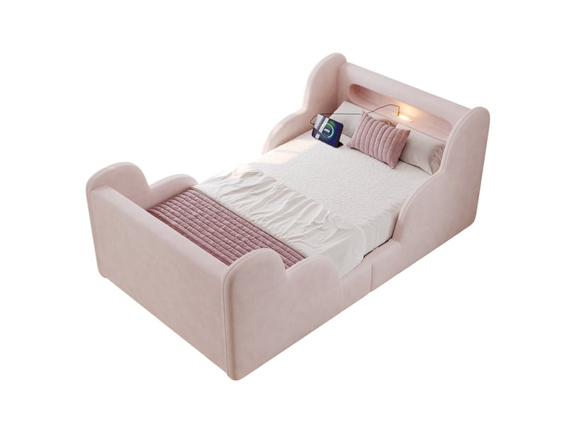  Lit simple enfant 90x200 cm en velours rose avec barrière, veilleuse et usb  - Conforama A