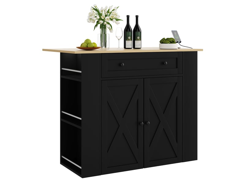 Îlot de cuisine avec plateau rabattable et prises usb - lpospi - 2 portes, tiroir et étagères mdf noir 120 × 75 × 97 cm - Conforama A