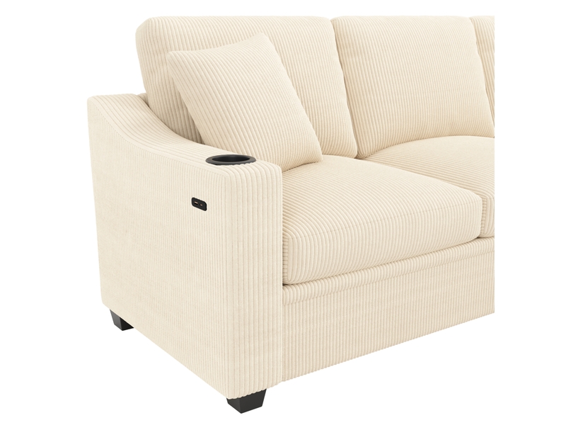 Canapé d’angle modulaire 277 x 215 x 85 cm, 6 places, usb type-c, 2 porte-gobelets, 2 coussins, velours côtelé beige - Conforama D