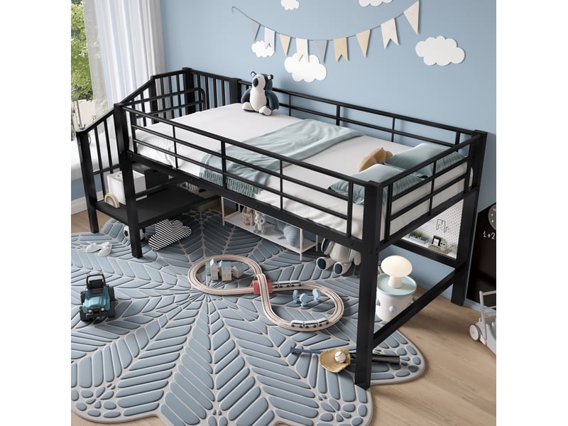  Lit mezzanine mi-hauteur enfant 90x200 cm avec escalier de rangement noir  - Conforama D