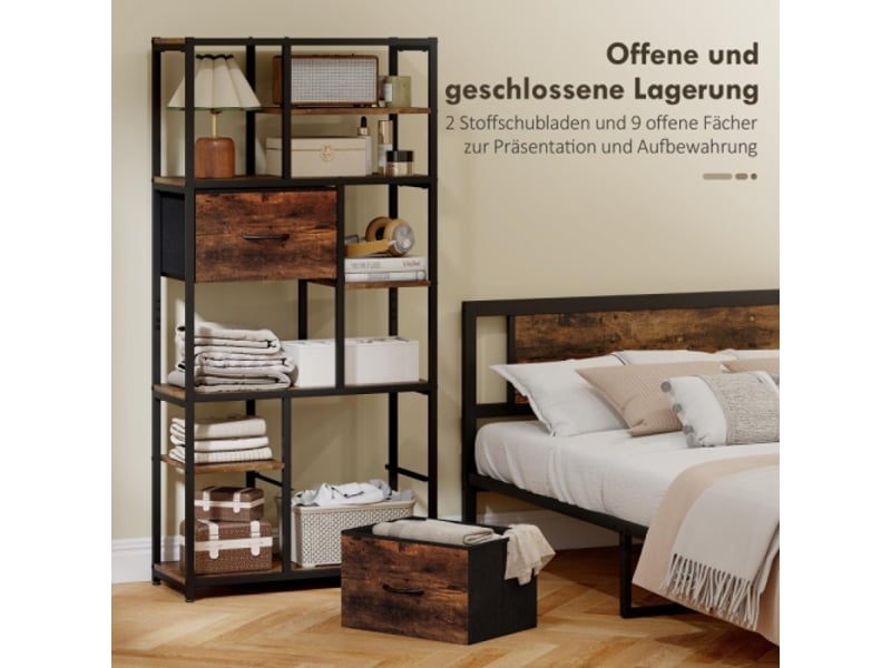  Étagère de rangement 9 compartiments, 2 tiroirs en tissu, cadre en acier, marron et noir  - Conforama D