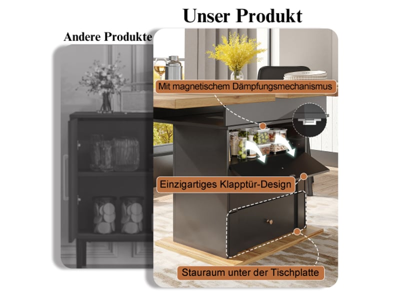  Table à manger extensible rectangulaire 110-140 x 80 cm, mdf, noir et bois naturel, avec rangement  - Conforama E