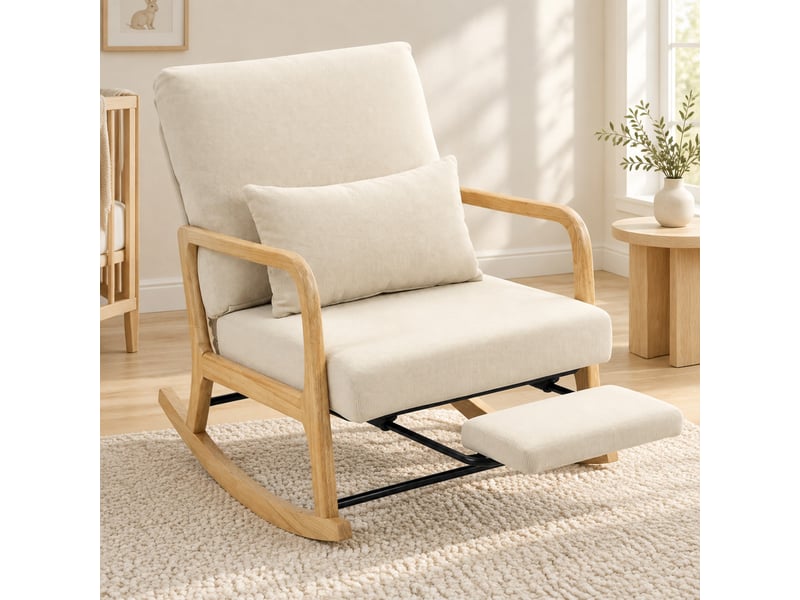  Fauteuil à bascule avec dossier réglable en 3 positions, repose-pieds et coussin lombaire en polyester crème  - Conforama C