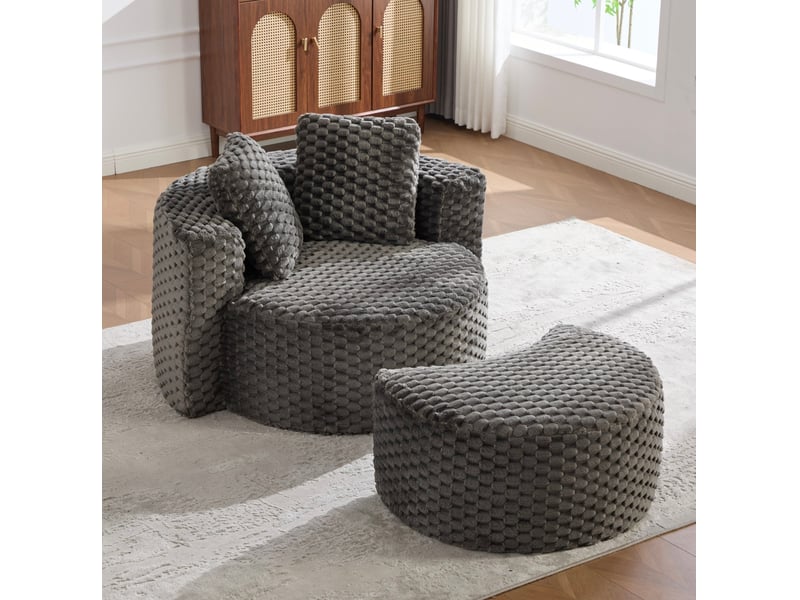  Fauteuil rond avec pouf, 1 place, tissu gris foncé, mousse, 130 x 115 x 103 cm  - Conforama D