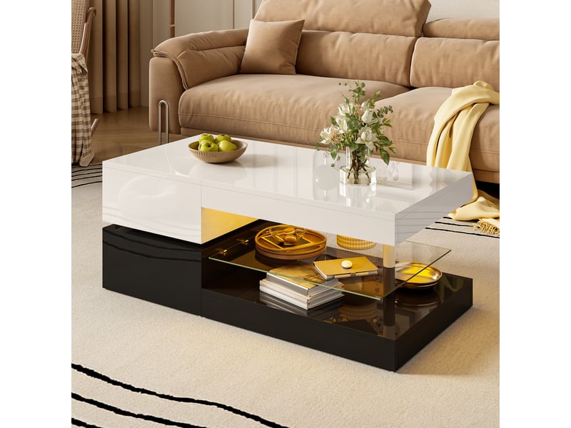 Table basse 90x45x35,5 cm avec led par application, niche et tablette en verre, panneaux de particules brillants, blanc et noir ABC - Conforama E