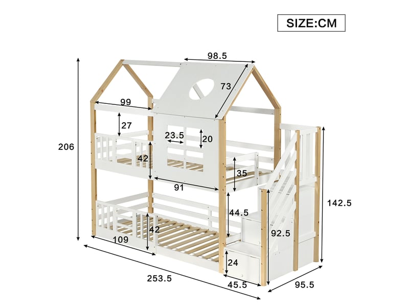  Lit superposé, 90 x 200 cm, lit cabane avec escalier de rangement, barrière de sécurité, fenêtre et toit, pin, blanc et naturel  - Conforama C