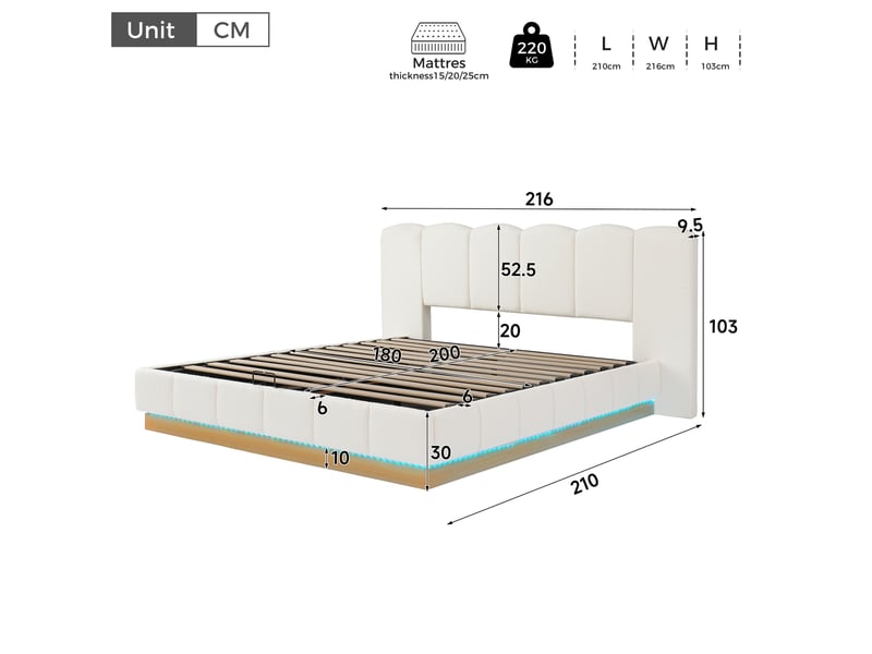  Lit coffre hydraulique double 180x200 cm, avec éclairage led et grand espace de stockage, bouclé, blanc, sans matelas  - Conforama C
