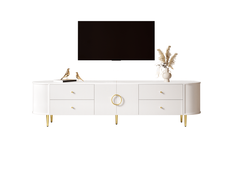  Meuble tv blanc,avec structure ondulée tridimensionnelle, bords arrondis, tiroirs et portes doubles, passe-câble  - Conforama A