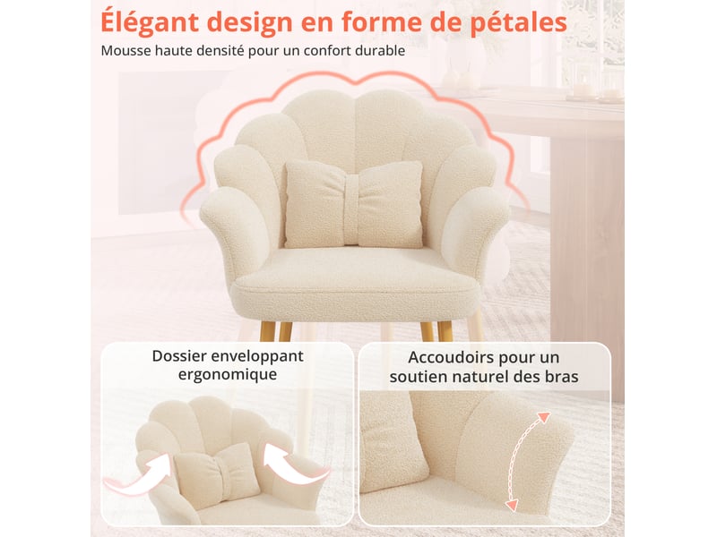 Lot de 6 fauteuils 64x65,5x85 cm, dossier pétale, accoudoirs, coussins nœud, tissu teddy, pieds dorés, beige - Conforama E