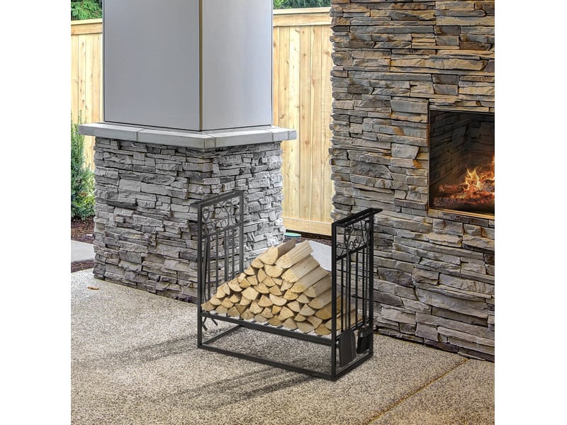  Support à bûches avec outils de cheminée 75 x 30 x 60 cm noir en acier, rangement intérieur extérieur  - Conforama B