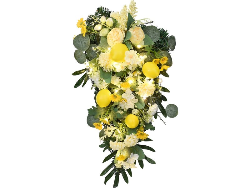  Couronne de citron printanière, couronne en larmes artificielle avec pivoines, feuilles vertes, fruits décoratifs  - Conforama B