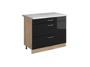 Vicco meuble cuisine, noir haute brillancechêne doré, 100cm plan de travail marbre