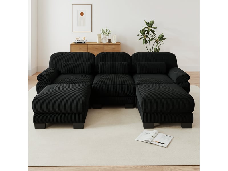  Canapé modulable en u modenvie 3 places avec 2 poufs, assise profonde, velours côtelé noir, 265 x 161 x 94 cm  - Conforama D