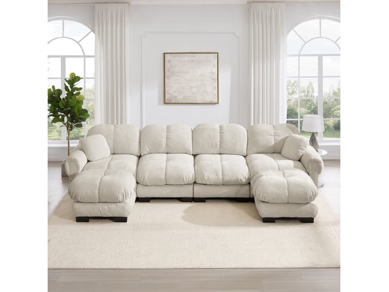  Canapé d’angle u 330x149x90 cm 4 places, 2 poufs mobiles, couleur capitonnée, coussins moelleux, tissu chenille kaki clair  - Conforama B