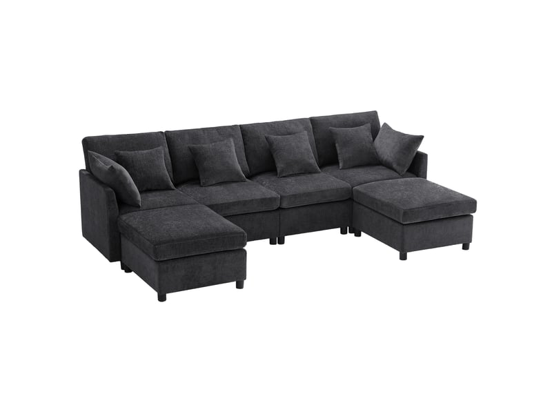 Canapé modulaire en u 278x161x81cm, 2 poufs inclus, meuble de salon, structure en bois et métal, tissu chenille, gris - Conforama A