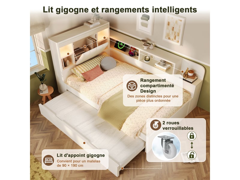  Lit banquette gigogne 140x190cm avec sommier à lattes, liseuses, ports usb, tête de lit en pu et étagères, cadre en bois, sans matelas, blanc evarich - Conforama D