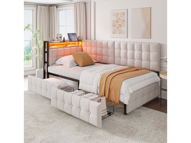  Lit banquette 90 x 200 cm, tiroirs de rangement, éclairage led intégré, ports de charge usb, structure rembourrée, pour la chambre, tissu, beige ABC - Conforama E
