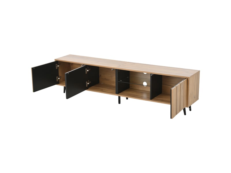  Meuble tv moderne effet bois naturel et noir 175x31,5x45 cm avec 3 portes pour tv jusqu'à 75 pouces  - Conforama D