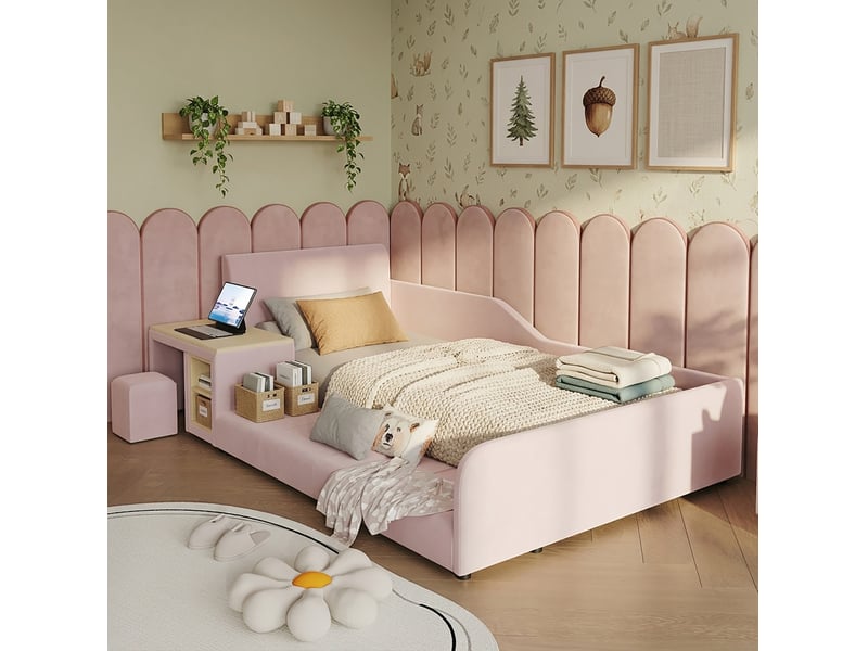  Lit enfant, 90x200 cm, lattes, tablette de rangement, tabouret, avec bureau, matelas non inclus, bois, coloris rose  - Conforama B