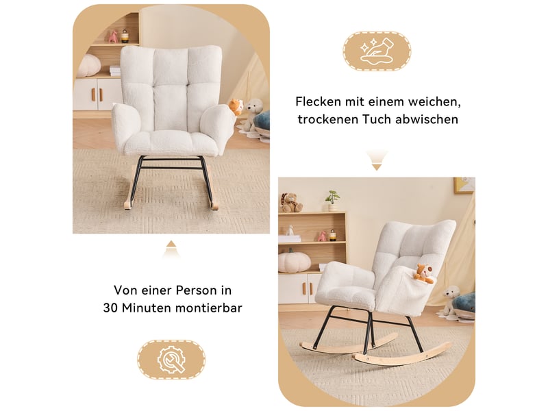  Fauteuil à bascule 80x70x95cm, tissu teddy capitonné blanc  - Conforama E