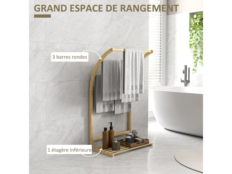  Porte-serviettes en bambou 3 barres avec étagère de rangement, pour la salle de bains et la buanderie, finition naturel  - Conforama D