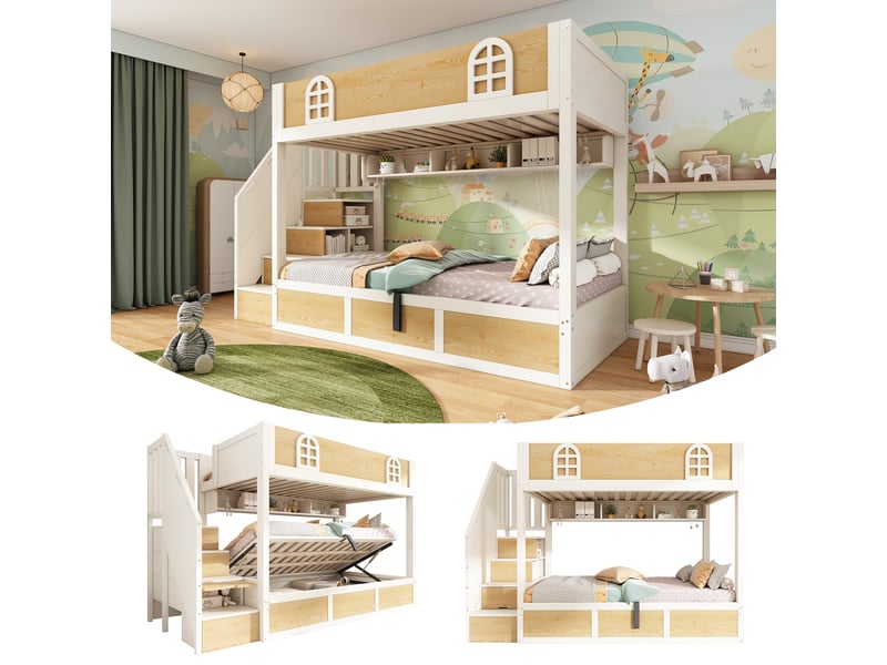  Lit superposé enfant 90x200 cm, lit cabane gain de place avec escalier de rangement et coffre hydraulique, blanc et naturel  - Conforama C